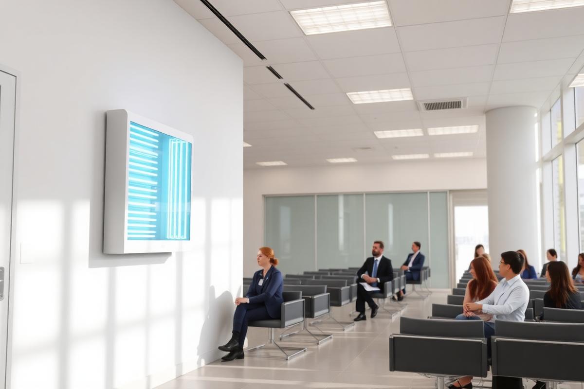 Clean, bright waiting room with a wall-mounted UV air purification unit
